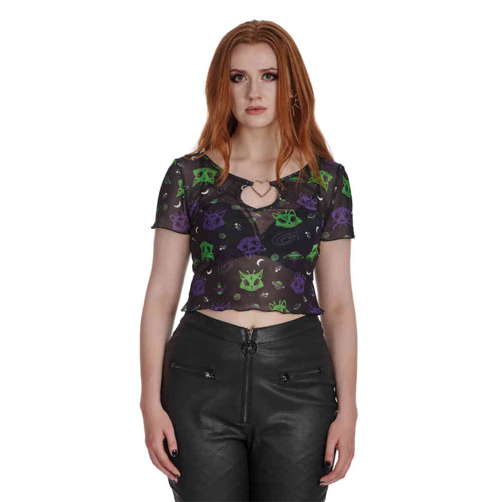 Banned - Alien Space Cat Mesh Cut-Out Top - Schwarz